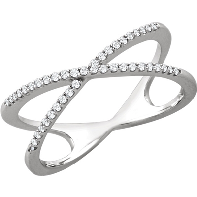 Double crossing rows of 14k white gold glitz with round brilliant diamonds all in this 14k white gold ring.