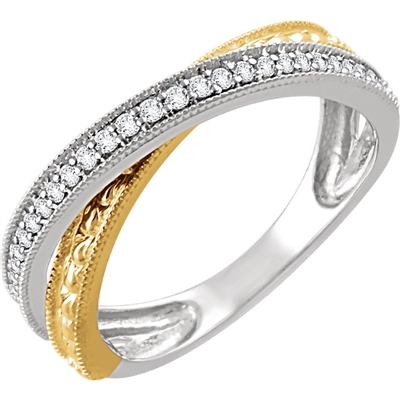 This daring 14k two tone criss cross ring features round brilliant diamonds over white and yellow gold.