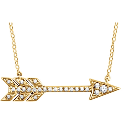 Flying straight to the top of you wardrobe, this 14k gold and diamond arrow necklace is simple and stunning, available in your choice of color.