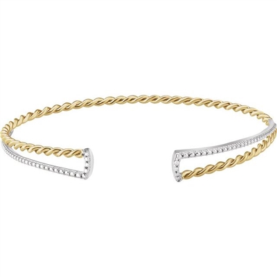 This 14k yellow gold cuff bangle bracelet features a beaded 14k white gold front section connected by a 14k yellow gold twisted rope.