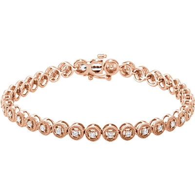 This 14k rose gold diamond tennis bracelet comes stacked with 1 full carat of round brilliant diamonds shimmering on your wrist.