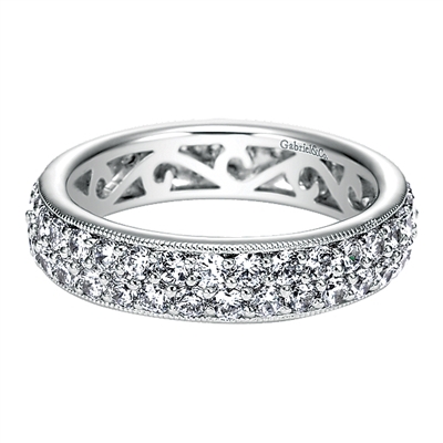 In 14k white gold, this double row diamond eternity band features 1.65 carats of diamond elegance with a delicate metal work of milgrain.