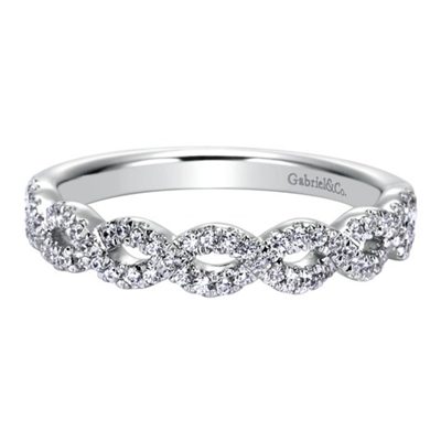 This 14k white gold diamond wedding band features white gold bands that loop around one another for a beautiful effect!