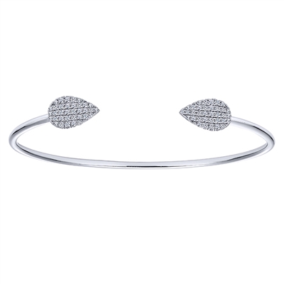 This beautiful open cuff features two leaves set in round diamonds for a naturally magnificent look, available in 14k white gold.