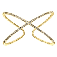 Shimmering diamonds glisten in this 14k yellow gold diamond cuff in an x shape.