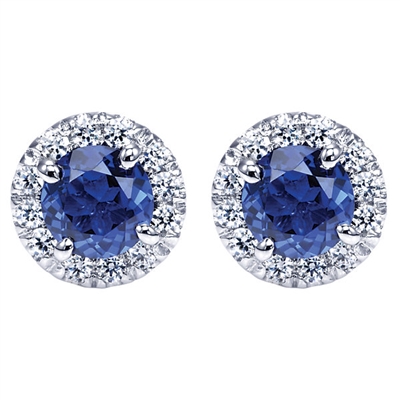 This pair of 14k white gold sapphire and diamond stud earrings features 1 carat of sapphires and nearly one quarter carats of round brilliant diamonds.