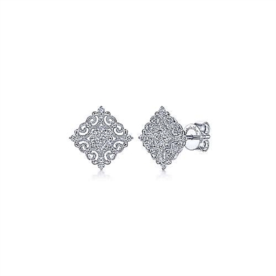 This ornate pair of white gold diamond stud earrings features intricate metal work with round brilliant diamonds coating the center of these fabulous diamond stud earrings.