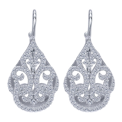 This gorgeous pair of 14k white gold diamond drop earrings feature nearly 1 carat of round brilliant diamonds gliding along sleek 14k white gold in this pair of diamond earrings.