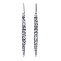 These drop earrings in 14k white gold shimmer with one half carat of round diamond brilliance, from the dagger shape to the funky way they are secured, this pair of trendy earrings has it all.