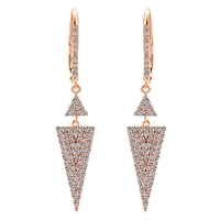 These rose gold diamond drop earrings hang with over one half carat of round brilliant diamonds in a fantastic and clever set of 14k rose gold earrings.