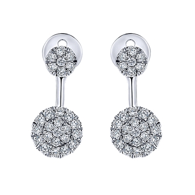 Double diamond clusters hang from 14k white gold in this unique pair of diamond stud earrings.