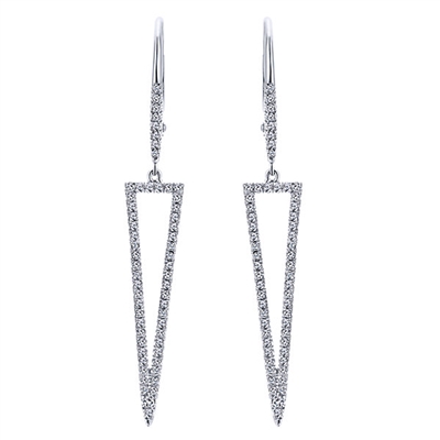This open pair of diamond drop earrings in a triangle shape shines with over one third carats of round brilliant diamonds in 14k white gold.