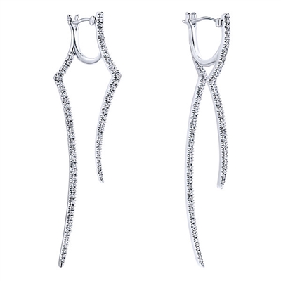 This dangling pair of 14k white gold fashion earrings features 1 carat in diamonds that give this unique style an unforgettable look and shine!
