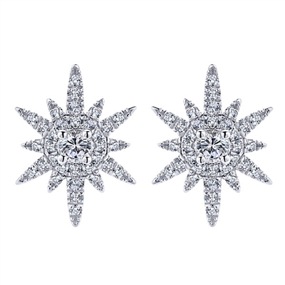 This 14k white gold diamond star shaped studs feature 0.39 carats of round brilliant diamonds in a beautiful and dynamic setting.