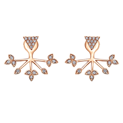 These rose gold earrings feature an inverted pyramid with a diamond leaf structure underneath in 14k rose gold.