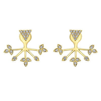These yellow gold earrings have a pyramid diamond stud attached to diamond leaves that extend to wrap around the earlobe, all in 14k gold!