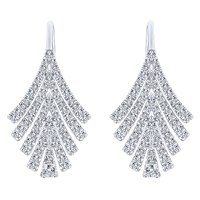 This eye catching 14k white gold pair of diamond drop earrings showcases over three quarter carats of round brilliant diamonds in a seductive feather pattern.