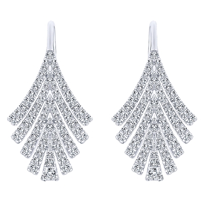 This eye catching 14k white gold pair of diamond drop earrings showcases over three quarter carats of round brilliant diamonds in a seductive feather pattern.