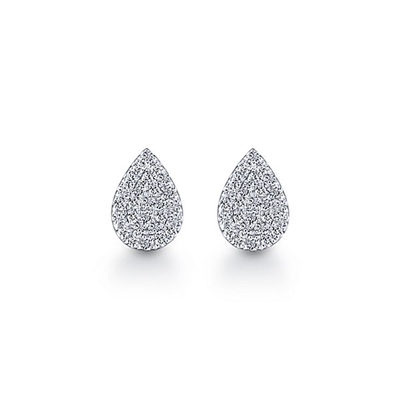 This pair of 14k white gold diamond earrings showcase diamonds in a tear drop shape.