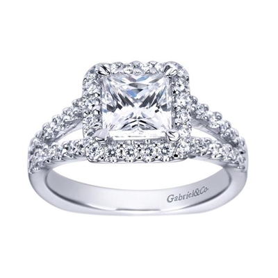 One half carats of round brilliant diamonds amass at the center of this split shank engagement ring, forming the round brilliant diamond halo that cradles a princess cut center diamond of your choice.