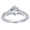 An 18k white gold contemporary straight engagement ring with a twist, featuring round brilliant diamonds and a six prong setting in this engagement ring,