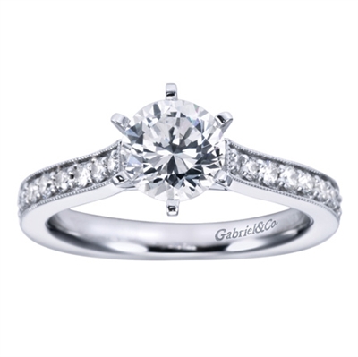 Round brilliant diamonds slide all the way up to this vintage style straight engagement ring's center, which should hold a round center diamond of your choice.