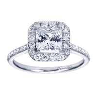 This beautifully crafted diamond halo engagement ring is fit for a princess (and a princess cut diamond!), with over one third carats of diamonds in your choice of metal, made available by Gabriel & Co.