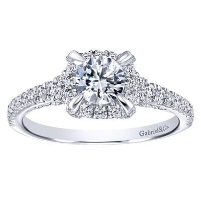 This shimmering and splendidly diamond encrusted halo engagement ring glimmers with nearly one carat of round brilliant diamonds in this diamond engagement ring including the center diamond.