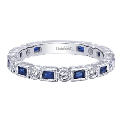 This sapphire and round diamond stackable ring designed in 14k white gold is just fine on its own, but can be partnered with other stackable rings to create wearable art