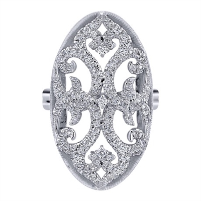 The diamond lace pattern in this well decorated fashion ring gleams with 3/4 carats of round brilliant diamonds.