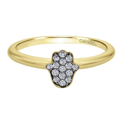 This yellow gold diamond hamsa ring shimmers with round brilliant diamonds and a simple and sleek 14k yellow gold band.