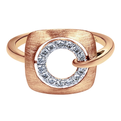Brilliant and artistic, this stylish 14k rose gold brushed diamond ring features 0.17 carats of diamonds, wrapped on each side by a swirling shank.
