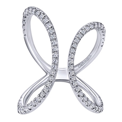 Sleek 14k white gold loops in a cool and fun design, using high quality round brilliant diamonds to complete this 14k white gold butterfly loop diamond fashion ring.