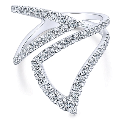 Bustling with round brilliant diamonds, this 14k white gold diamond fashion ring features a unique design and an unforgettable look in this diamond ring.