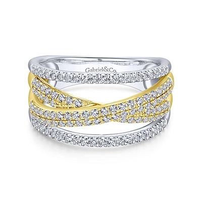 White and yellow gold bands twist with diamonds in this fashion ring.