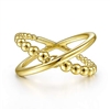 This simple and elegant 14k yellow gold beaded x ring makes a statement.