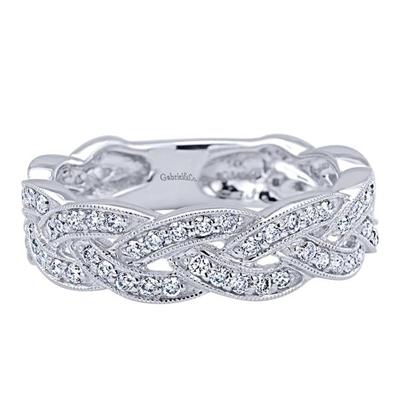 Round brilliant diamonds tie in to 14k white gold with over one half carat in diamonds, enjoy this 14k white gold woven diamond stackable ring on its own or with other stackable rings to create a look uniquely you.