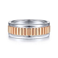 This 14k rose and white gold men's wedding band is 8mm wide and features a ridged center section.