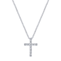 This simple and stylish 14k white gold diamond cross necklace showcases 0.10 carats of diamond brilliance with a 14k white gold link chain.