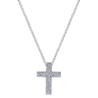 A 14k white gold diamond cross necklace with 0.24 carats of round brilliant diamonds, ll bordered by a milgrain finish.