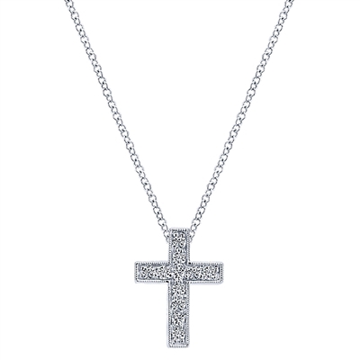 A 14k white gold diamond cross necklace with 0.24 carats of round brilliant diamonds, ll bordered by a milgrain finish.