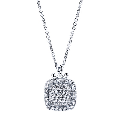 This 14k white gold diamond necklace with pave set round diamonds glows and glistens with nearly two thirds carats of diamond brilliance.