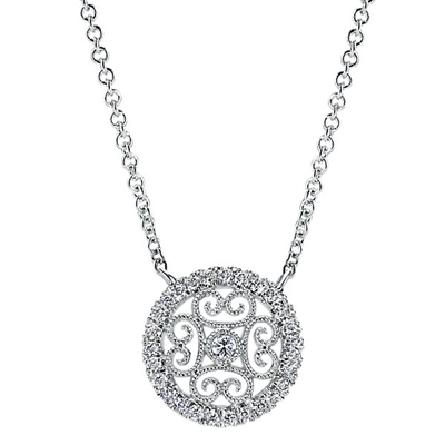 White gold stylings meet a center diamond with a round diamond halo in this artful 14k white gold diamond necklace.