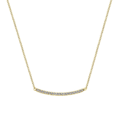 Round brilliant diamonds curve in this uniquely styled diamond bar necklace in 14k gold.