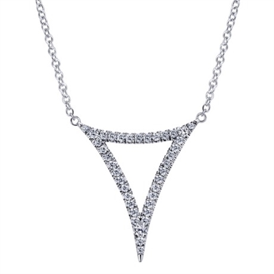 An affordable and trendsetting hanging pyramid diamond necklace in 14k white gold with nearly 1/3 carats of round diamonds.