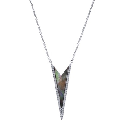 14K White Gold Plunging Black Mother of Pearl & Diamond Necklace