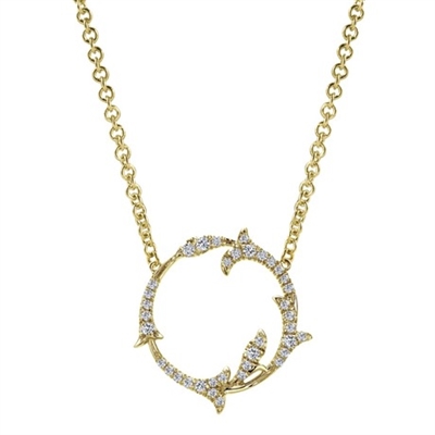 this clever and innovative yellow gold necklace in 14k is decorated with diamonds in this circle of life pendant necklace combo.