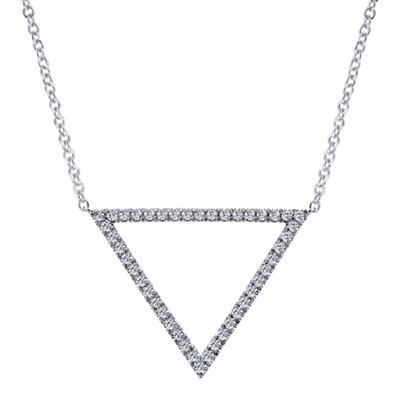 An equilateral diamond triangle hangs equally from a 14k white gold link chain in this Gabriel & Co. fashion piece.