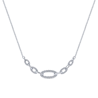 With ver one half carats of diamonds, this 14k white gold diamond necklace features a link style centerpiece.