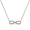 A 14k rose gold diamond infinity necklace with 0.42 carats of round brilliant diamonds.